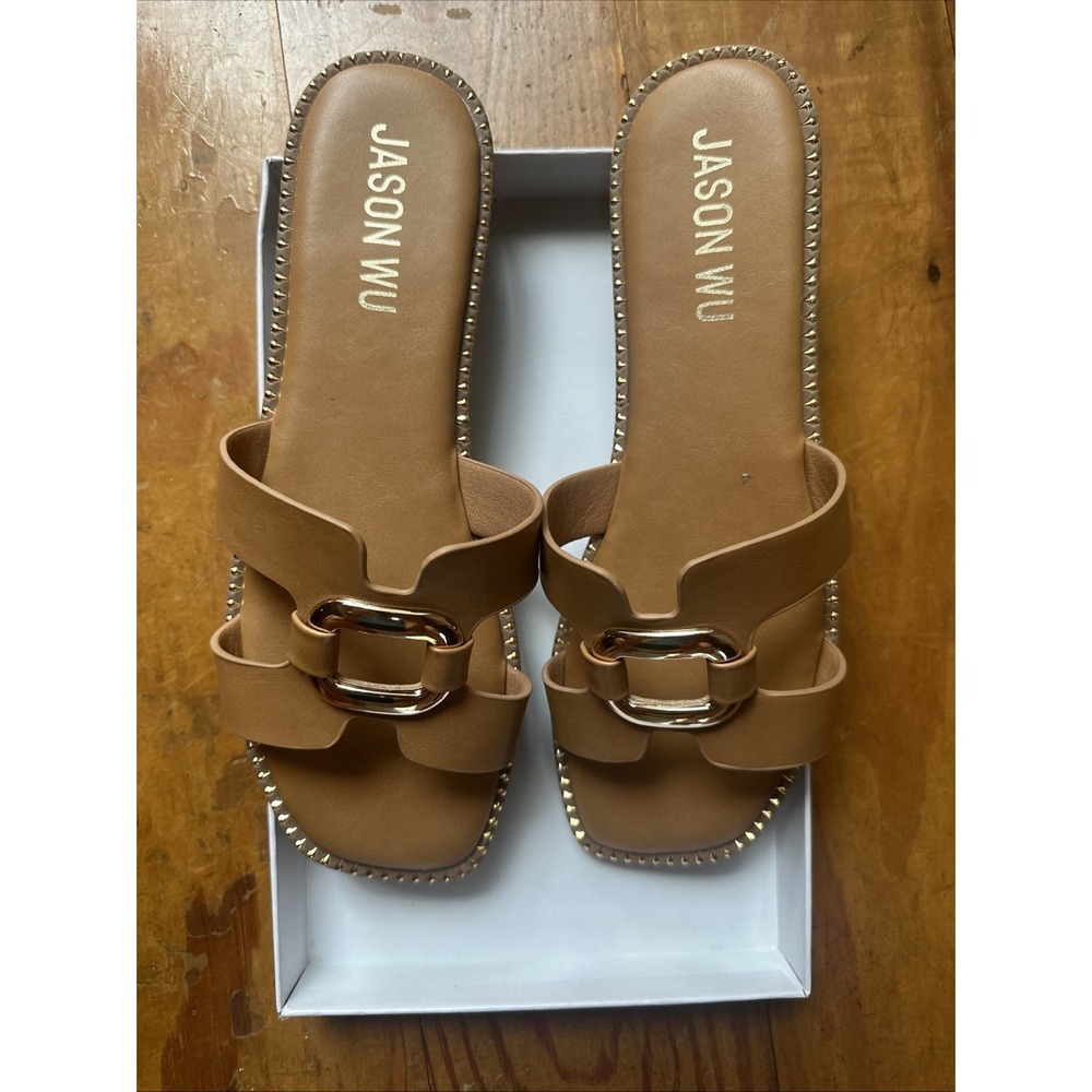 JASON WU Slide On Sandals Gold Buckle Slip On  Sandal Studs Women's Sz 10 EUC